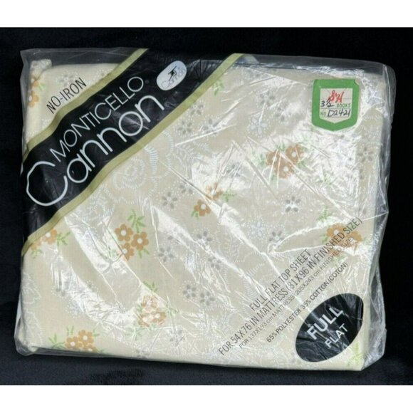 Vintage Cannon Monticello Marcelle Beige Floral Full Flat Sheet NIP S&H Green - Picture 3 of 9